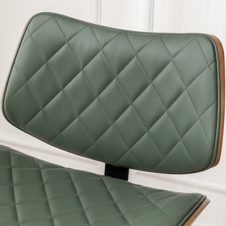 Green Faux Leather Adjustable Swivel Bar Stools with Walnut Backrest