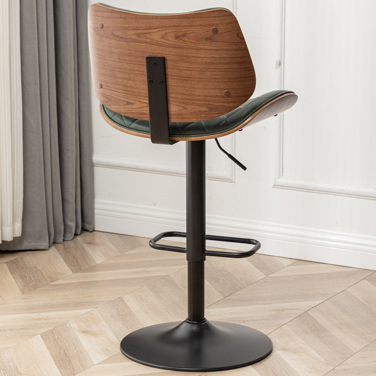Green Faux Leather Adjustable Swivel Bar Stools with Walnut Backrest