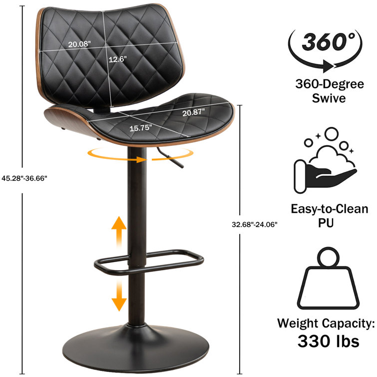 Adjustable Black Leather Swivel Bar Stool with Walnut Back