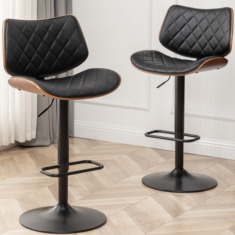 Adjustable Black Leather Swivel Bar Stool with Walnut Back