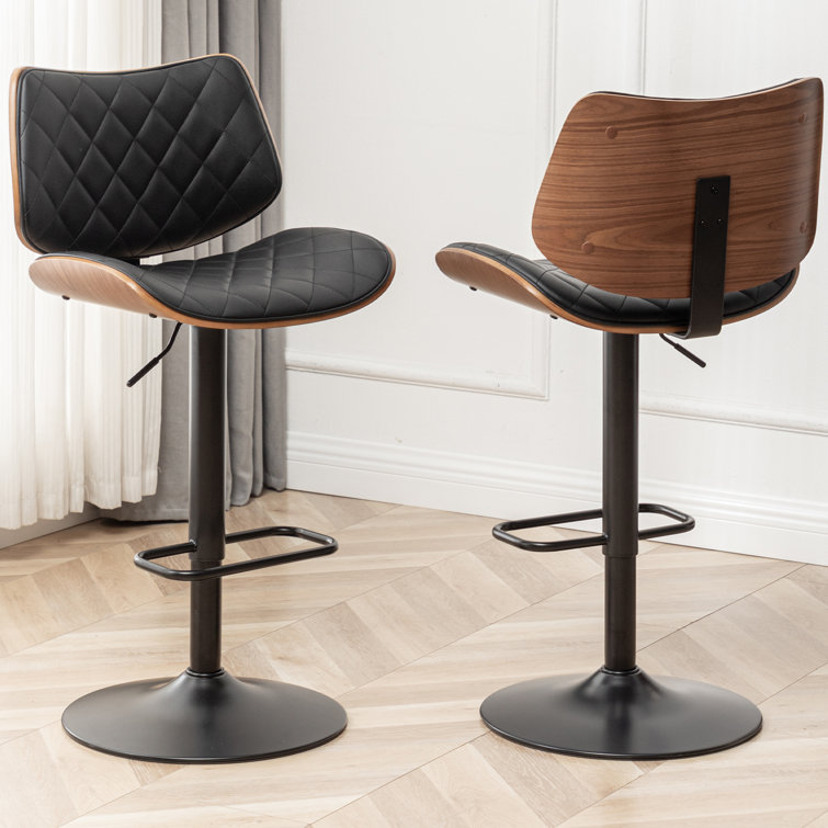 Adjustable Black Leather Swivel Bar Stool with Walnut Back