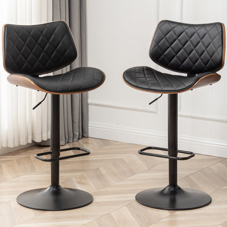 Adjustable Black Leather Swivel Bar Stool with Walnut Back