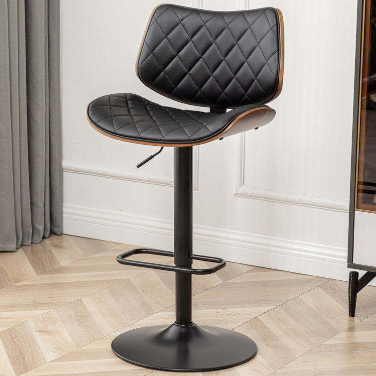 Adjustable Black Leather Swivel Bar Stool with Walnut Back