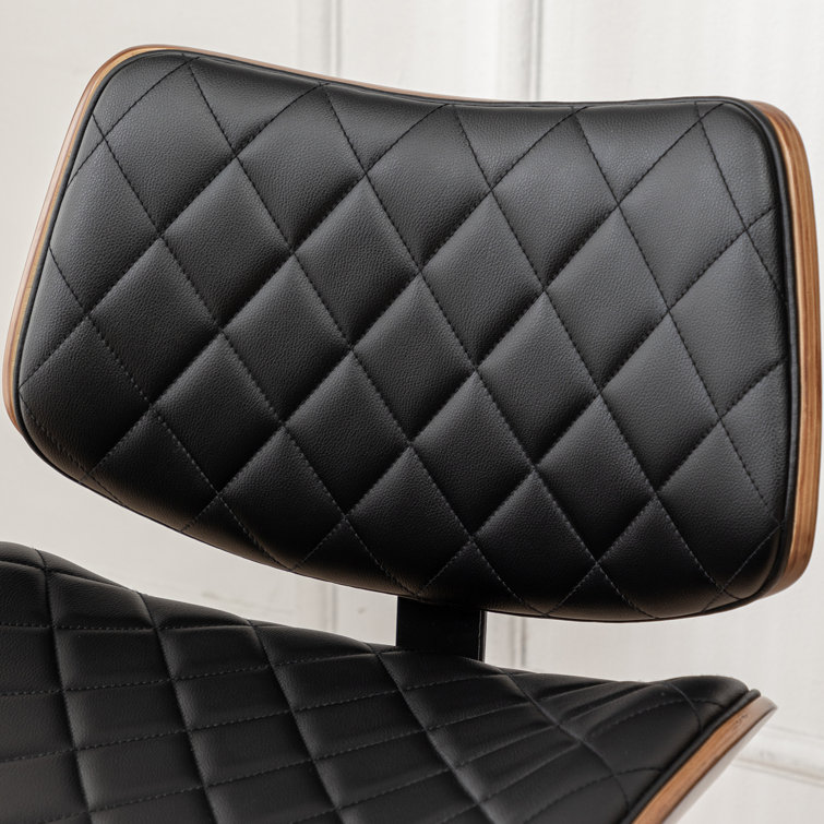 Adjustable Black Leather Swivel Bar Stool with Walnut Back