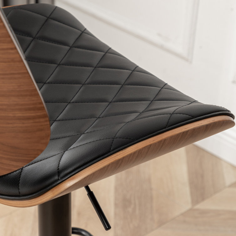 Adjustable Black Leather Swivel Bar Stool with Walnut Back