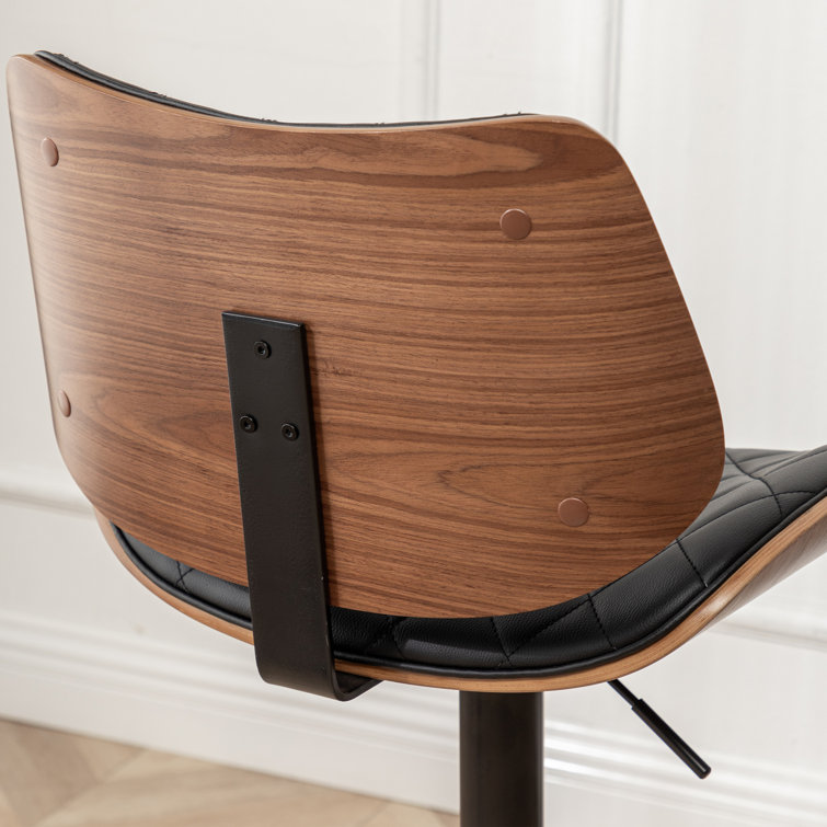 Adjustable Black Leather Swivel Bar Stool with Walnut Back