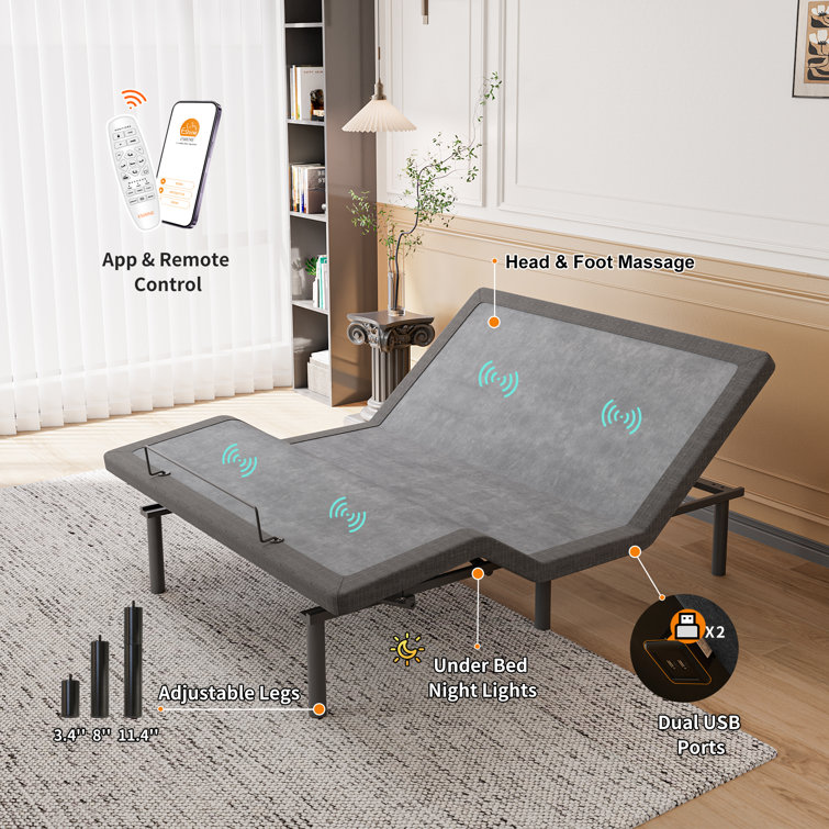 ESHINE Split King Adjustable Bed with 14-Inch Gray and Black Memory Foam Mattress