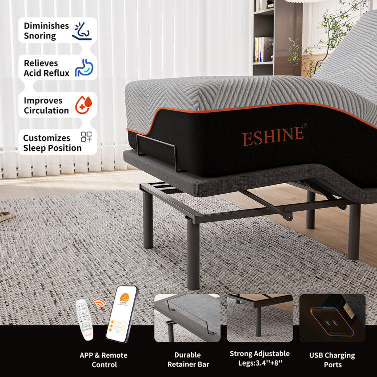 ESHINE Split King Adjustable Bed with 14-Inch Gray and Black Memory Foam Mattress