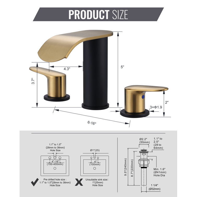 Black and Gold 8-Inch Widespread Double Handle Bathroom Faucet