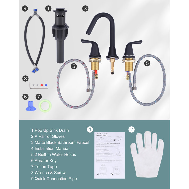 Matte Black Double Handle Widespread Bathroom Faucet with Drain Kit