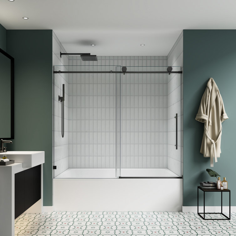 60" Matte Black Frameless Sliding Shower Door with Clear Glass