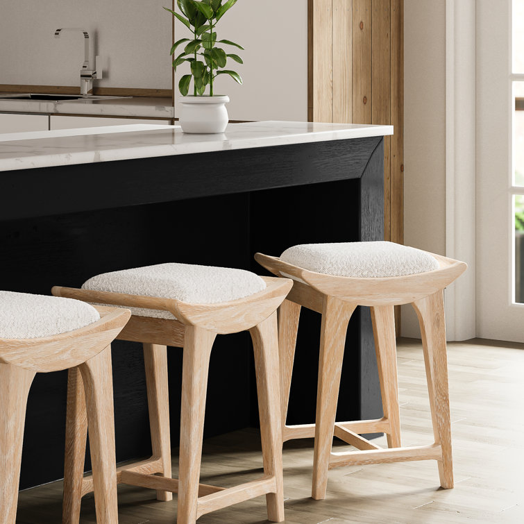 Cerused Oak Backless Counter Stool with White Boucle Seat