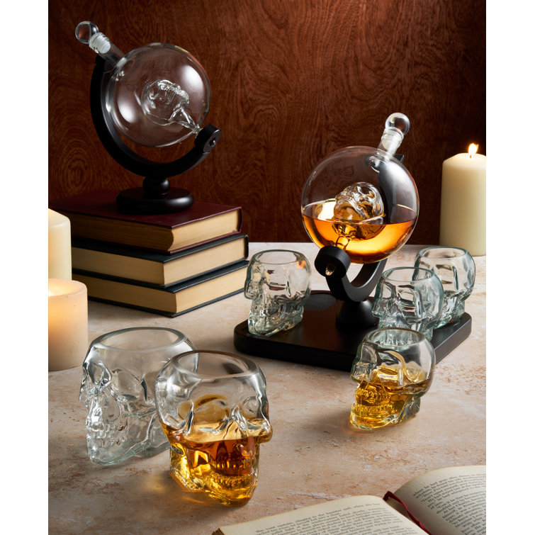 Clear and Dark Wood Skull 5-Piece Whiskey Decanter Set