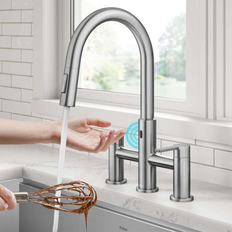 Stainless Steel Touchless Sensor Bridge Kitchen Faucet with Pull-Down Sprayhead