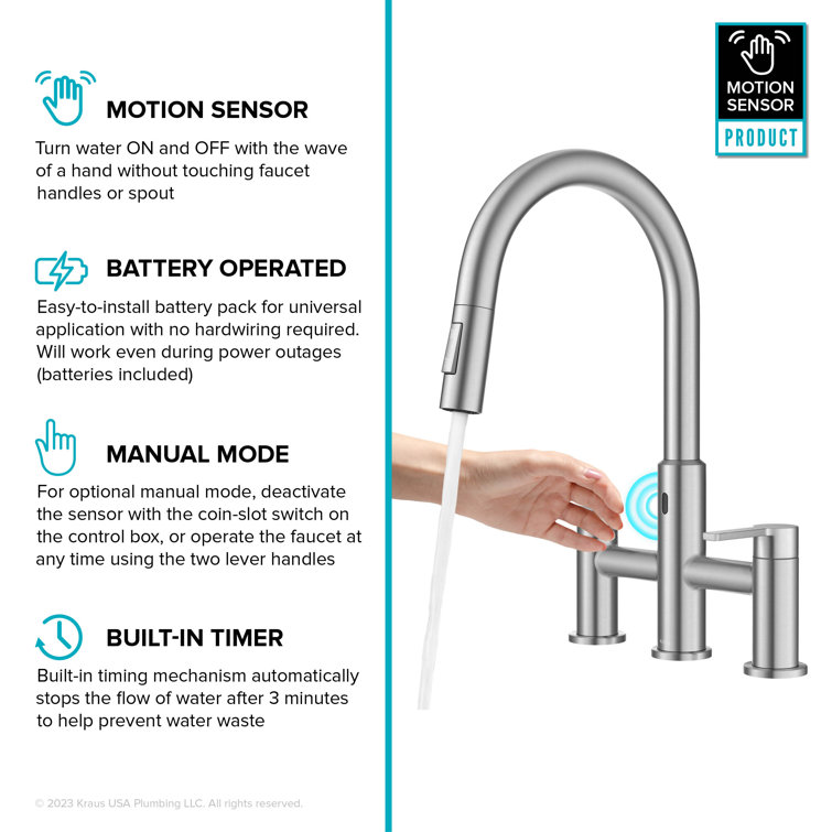 Stainless Steel Touchless Sensor Bridge Kitchen Faucet with Pull-Down Sprayhead