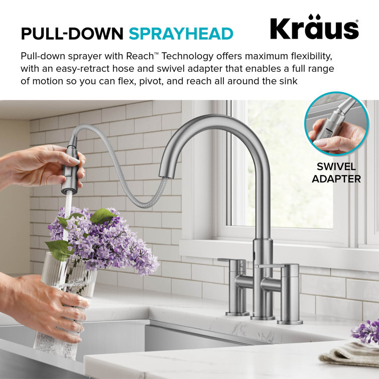 Stainless Steel Touchless Sensor Bridge Kitchen Faucet with Pull-Down Sprayhead