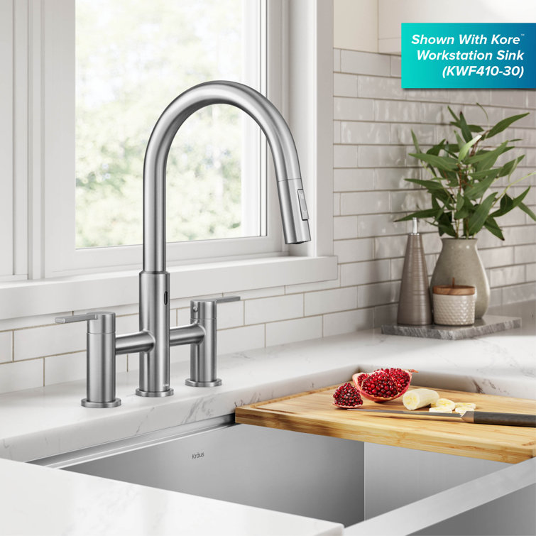 Stainless Steel Touchless Sensor Bridge Kitchen Faucet with Pull-Down Sprayhead
