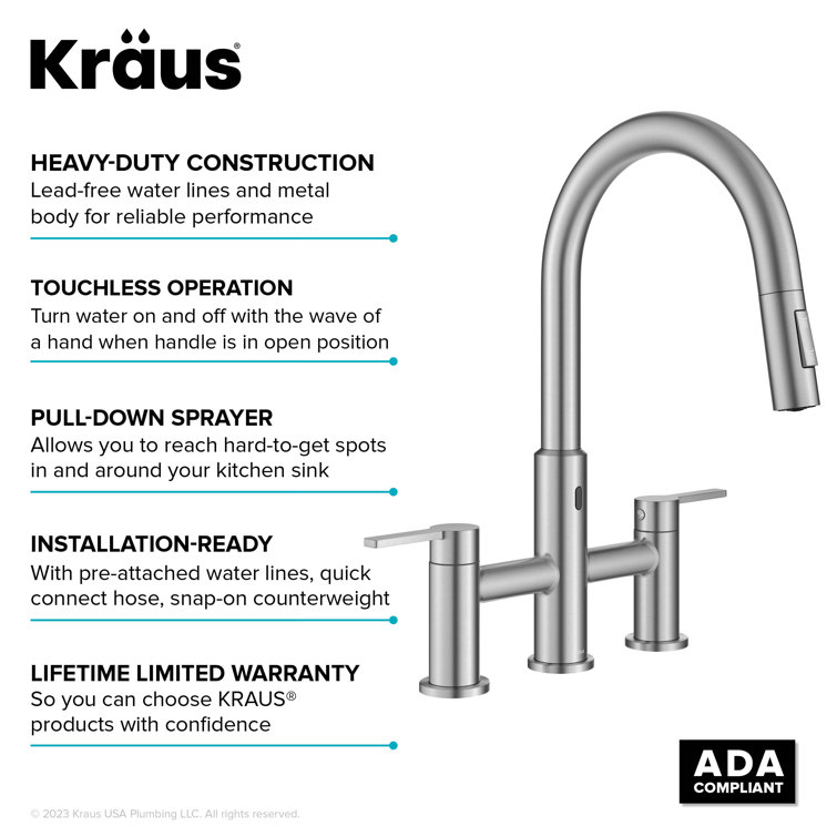 Stainless Steel Touchless Sensor Bridge Kitchen Faucet with Pull-Down Sprayhead