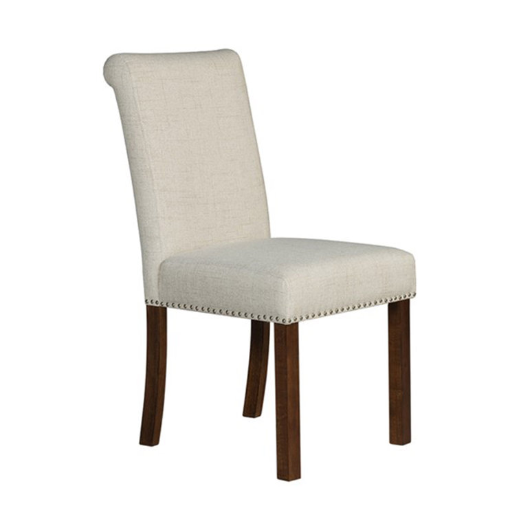Natural Upholstered Side Chair with Wood Legs and Nailhead Trim