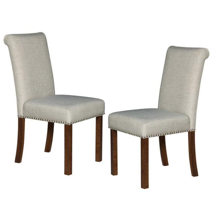 Natural Upholstered Side Chair with Wood Legs and Nailhead Trim