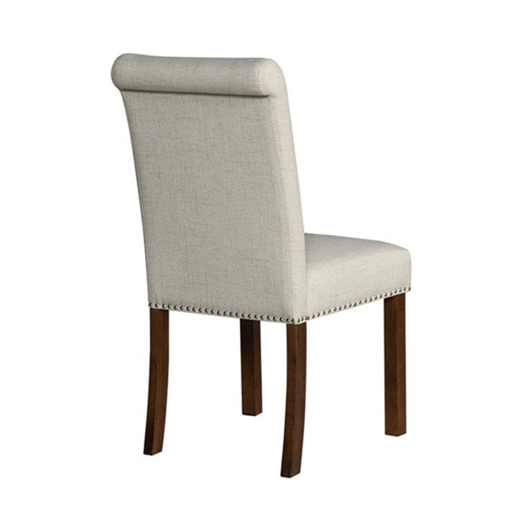 Natural Upholstered Side Chair with Wood Legs and Nailhead Trim