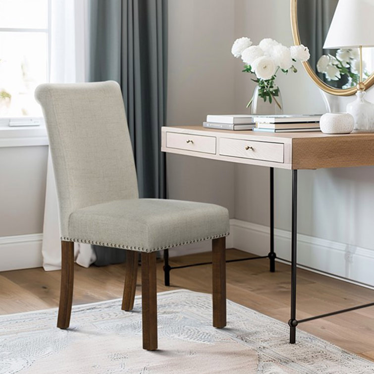 Natural Upholstered Side Chair with Wood Legs and Nailhead Trim