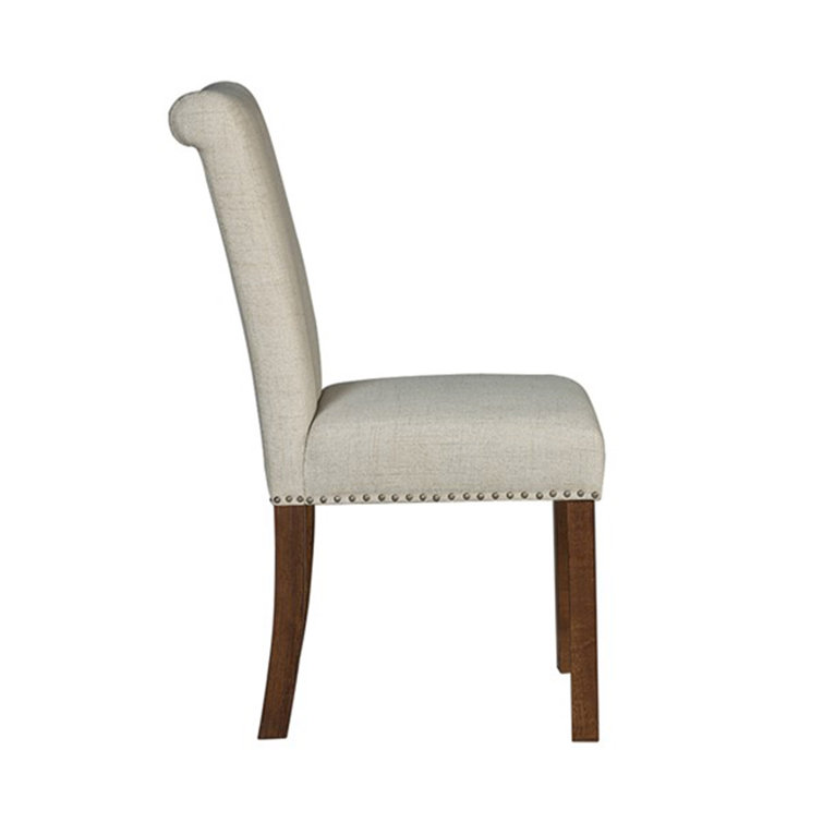 Natural Upholstered Side Chair with Wood Legs and Nailhead Trim