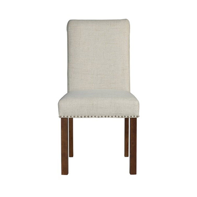 Natural Upholstered Side Chair with Wood Legs and Nailhead Trim