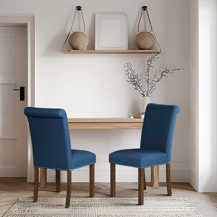 Blue Upholstered Parsons Side Chair with Wood Legs