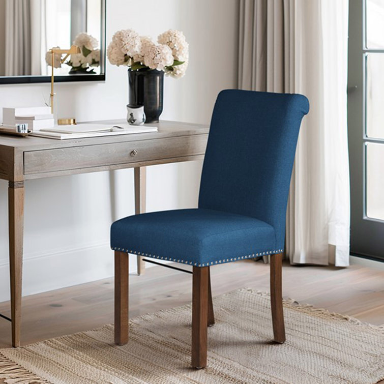 Blue Upholstered Parsons Side Chair with Wood Legs