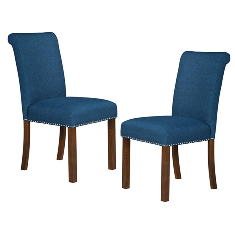 Blue Upholstered Parsons Side Chair with Wood Legs