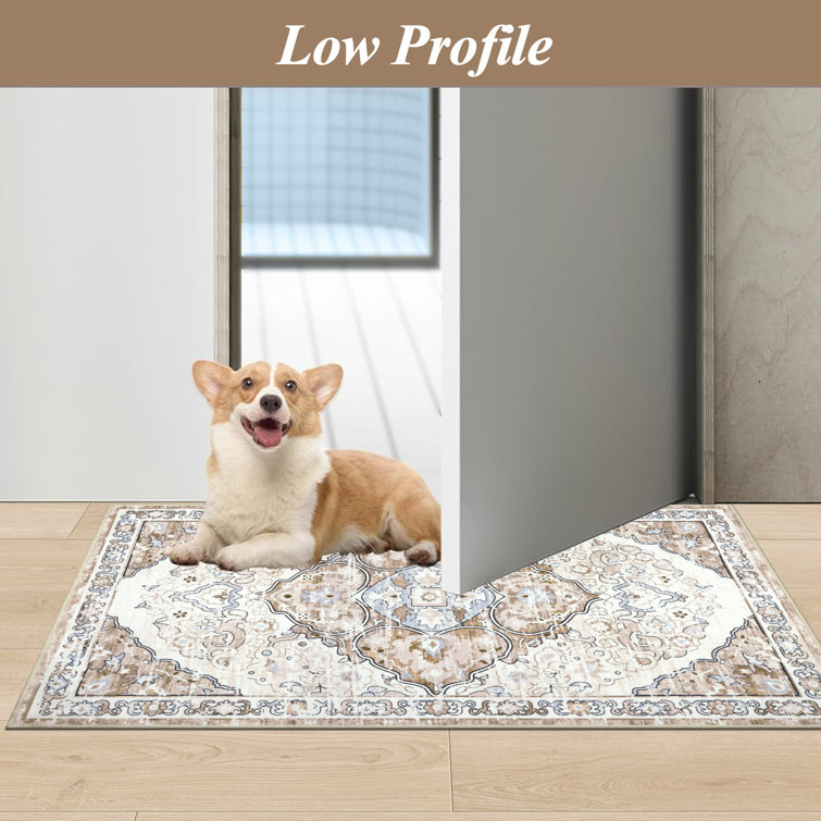 Beige and Brown Oriental Machine Washable Chenille Rug