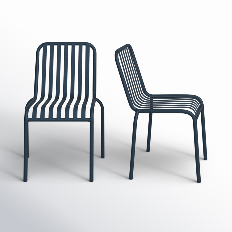 Dark Blue Powder Coated Steel Armless Stackable Outdoor Chairs, Set of 2