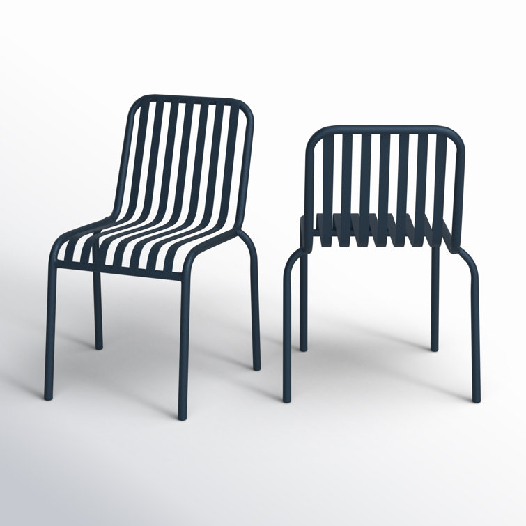 Dark Blue Powder Coated Steel Armless Stackable Outdoor Chairs, Set of 2