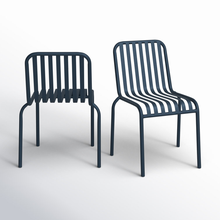 Dark Blue Powder Coated Steel Armless Stackable Outdoor Chairs, Set of 2