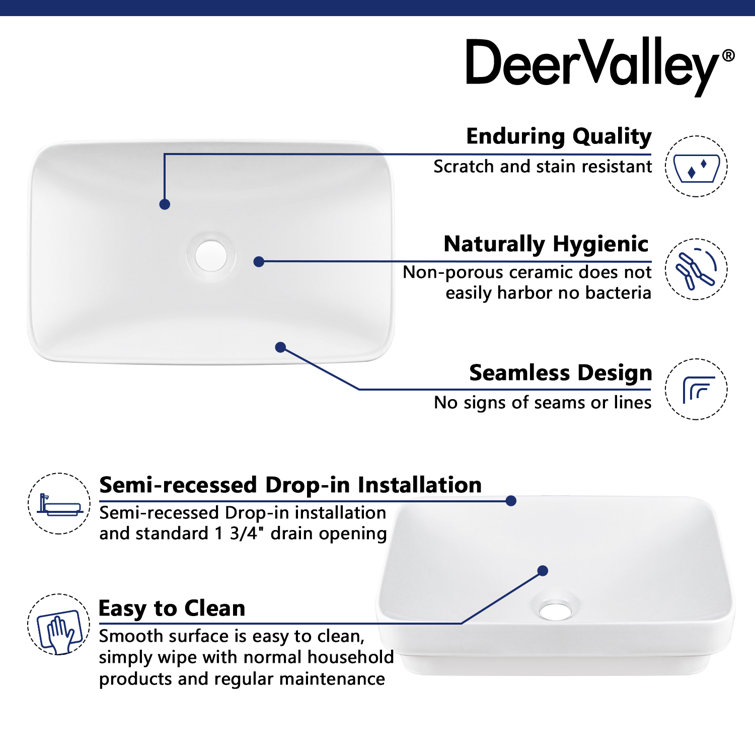 DeerValley 19'' White Ceramic Rectangular Above-Counter Vessel Sink