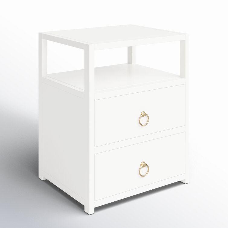 Luxe Minimalist White Acacia 2-Drawer Nightstand with Open Shelf