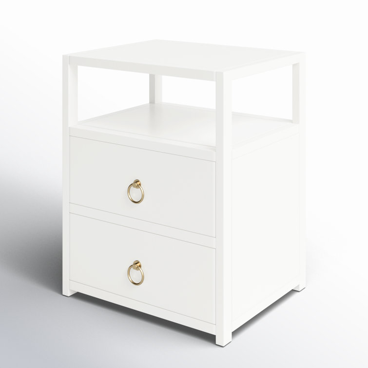 Luxe Minimalist White Acacia 2-Drawer Nightstand with Open Shelf