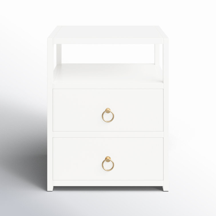 Luxe Minimalist White Acacia 2-Drawer Nightstand with Open Shelf