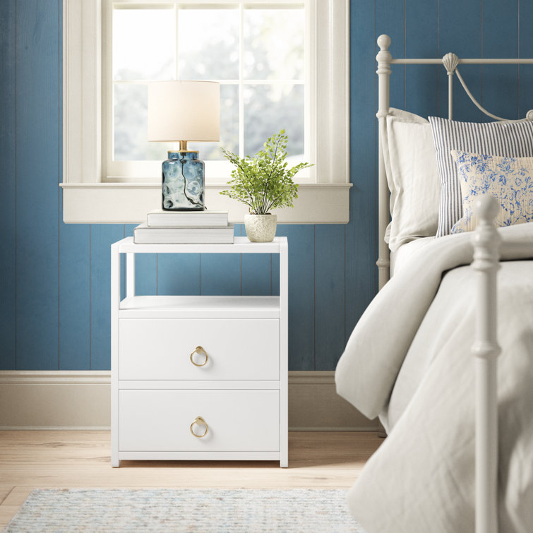 Luxe Minimalist White Acacia 2-Drawer Nightstand with Open Shelf