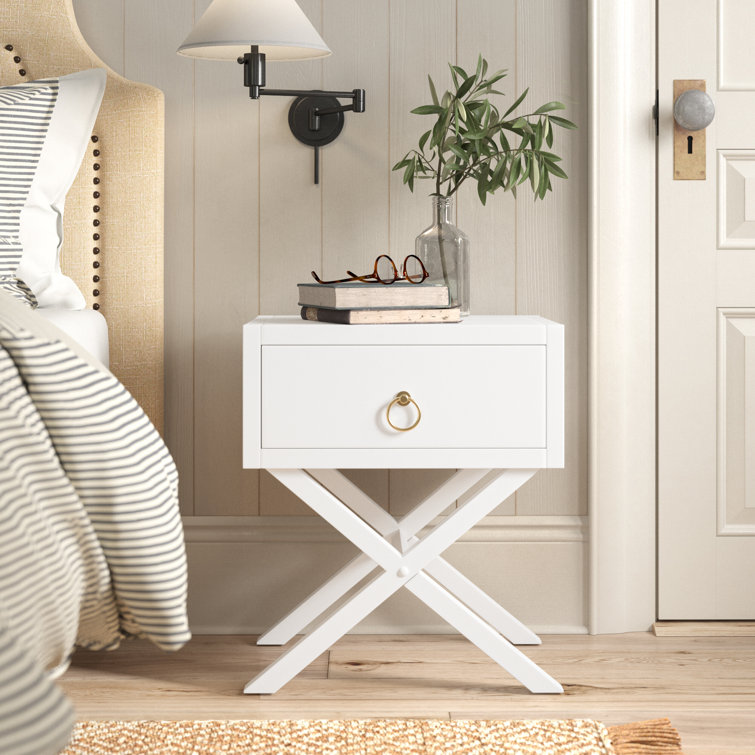 Elin Fresh White and Gold Metallic 1-Drawer Nightstand with X-Design Legs