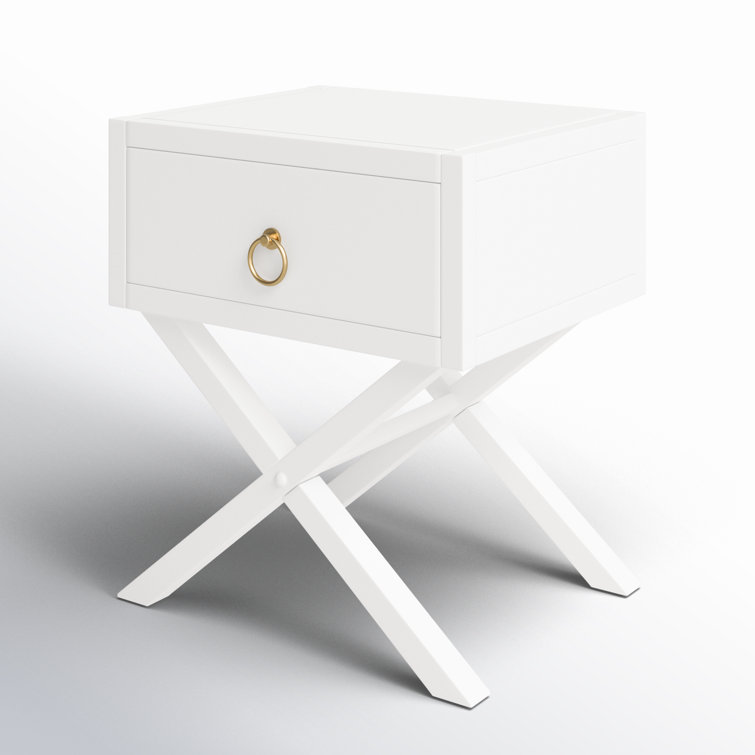 Elin Fresh White and Gold Metallic 1-Drawer Nightstand with X-Design Legs