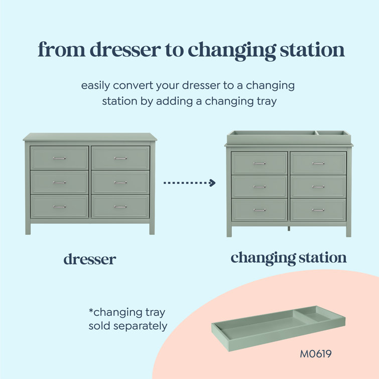 Light Sage Pine Double Dresser with Six Drawers