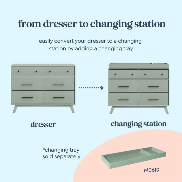 Light Sage Pine Mid-Century Modern 6-Drawer Double Dresser