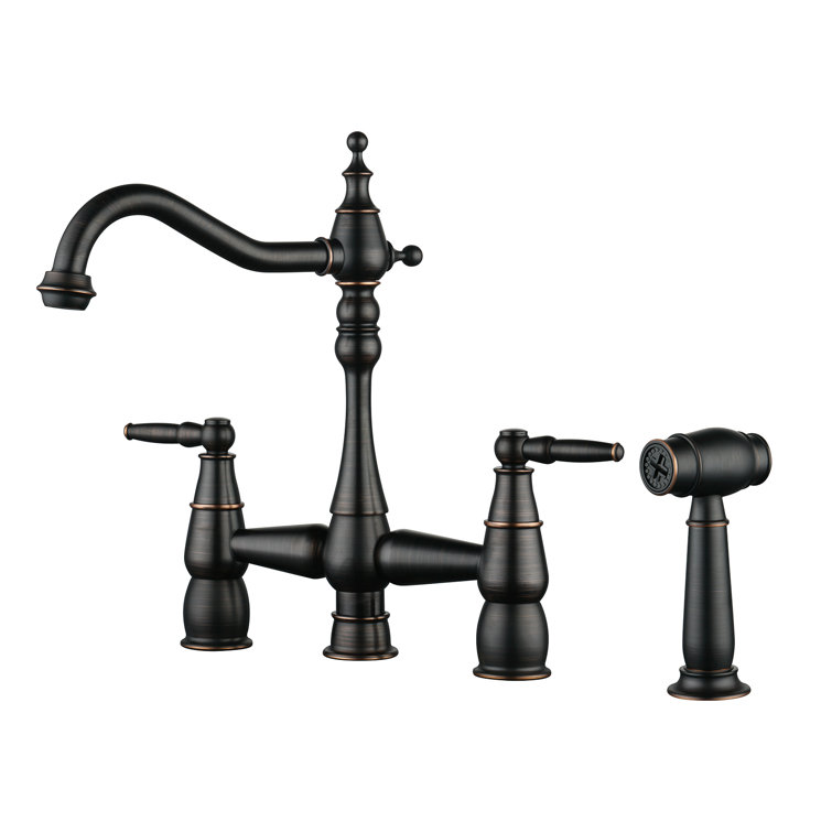 Oil Rubbed Bronze Double Handle Bridge Kitchen Faucet with Side Sprayer