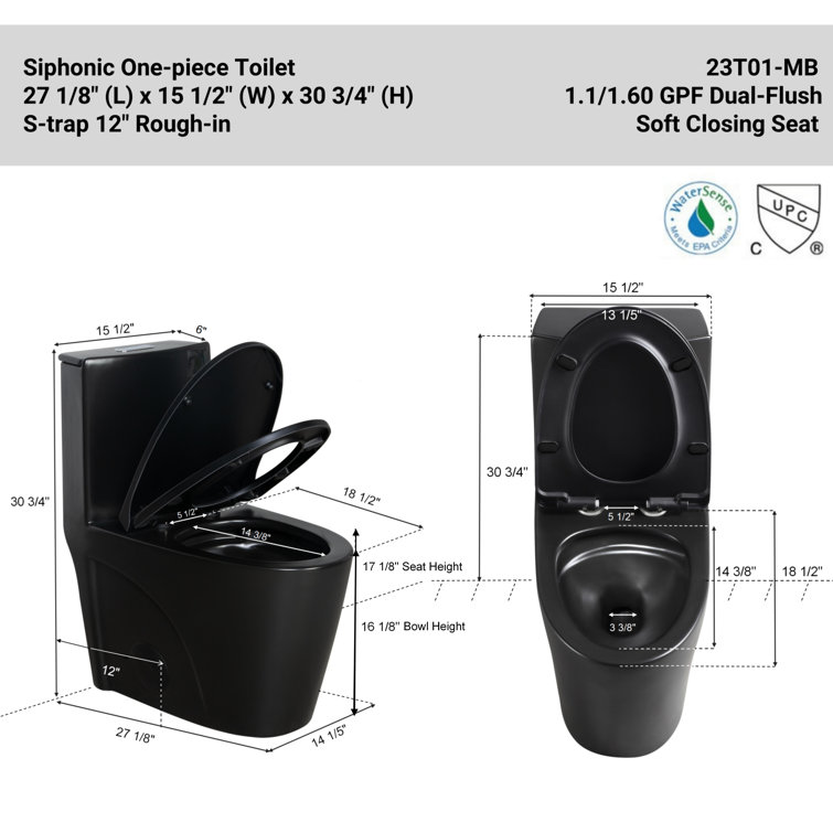 Matte Black Ceramic Dual Flush Elongated One-Piece Toilet