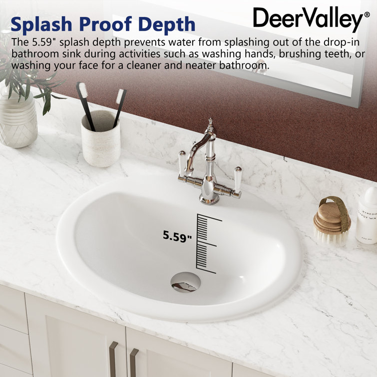 20'' x 17'' White Ceramic Oval Drop-In Bathroom Sink