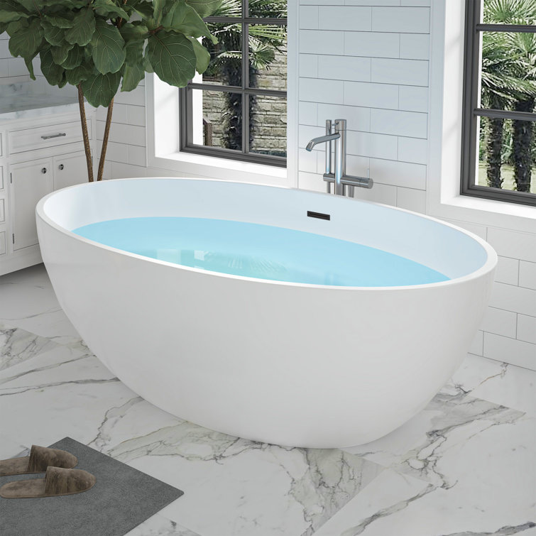 White Acrylic Freestanding Soaking Bathtub with Matte Black Overflow