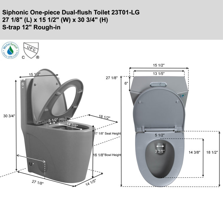 Light Gray Ceramic Dual-Flush Elongated One-Piece Toilet