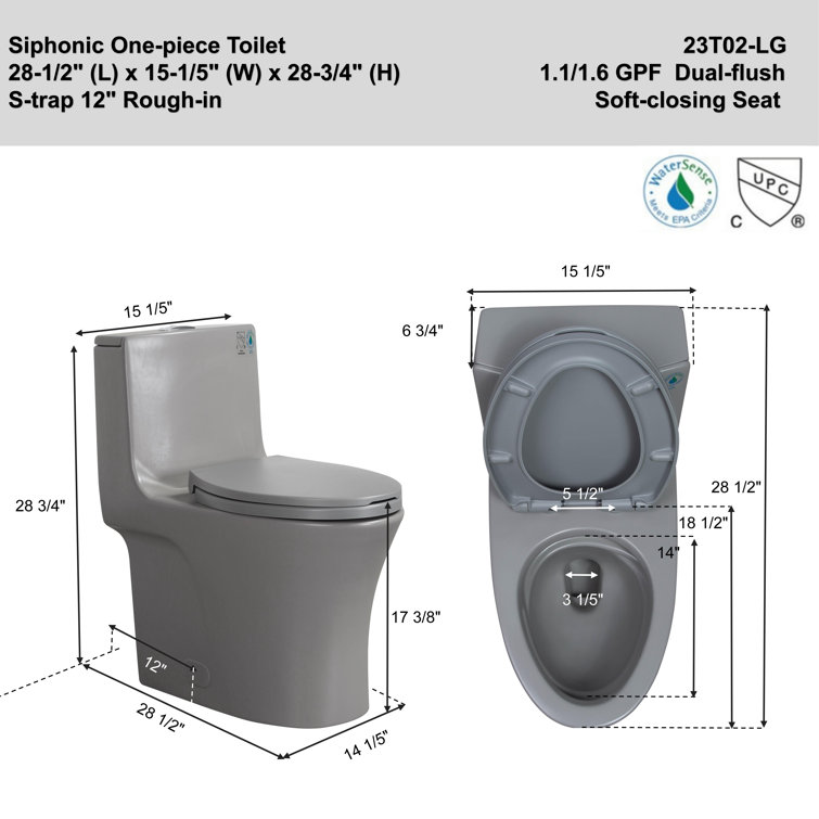 Light Gray Elongated Dual Flush One-Piece Toilet with Soft Closing Seat